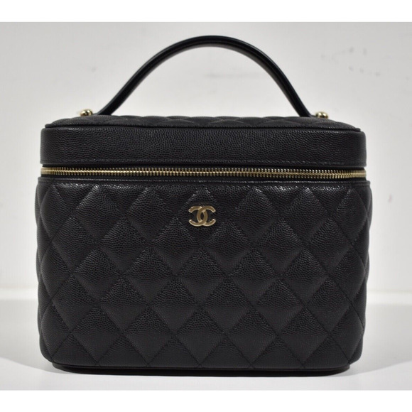 Chanel 23C Black Caviar Beauty Vanity Pouch Case Top Handle Travel Toiletry Bag - Picture 1 of 11